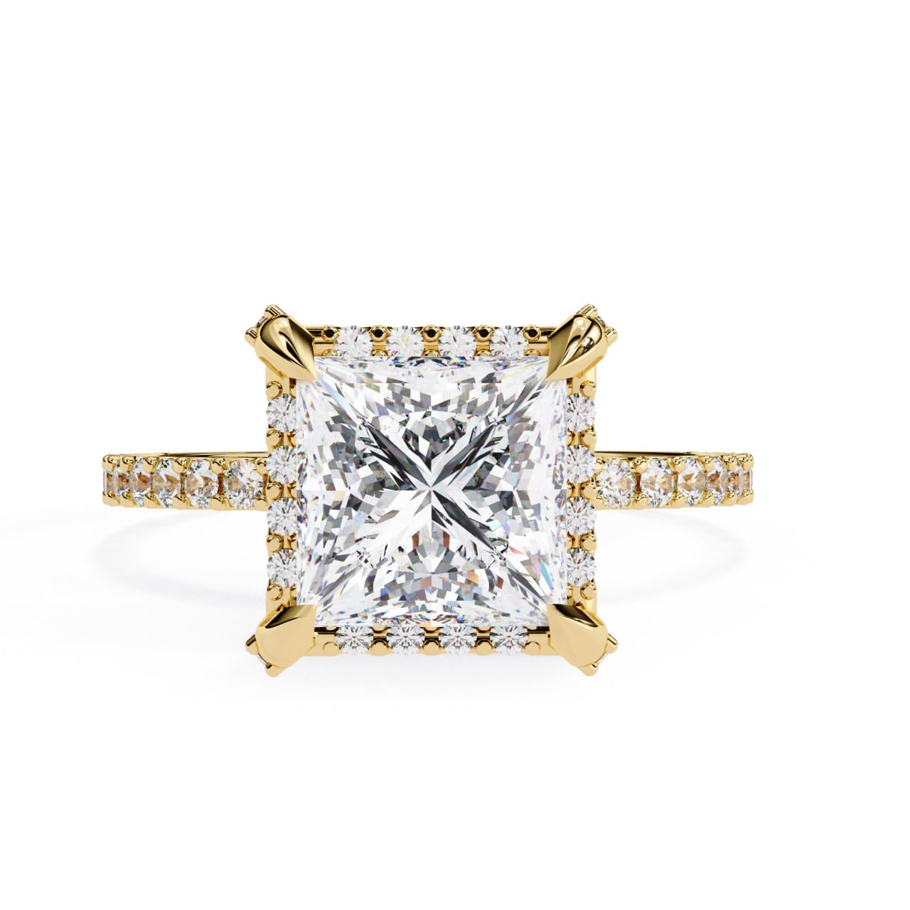 Princess Cut Diamond Halo Ring with Pave Band