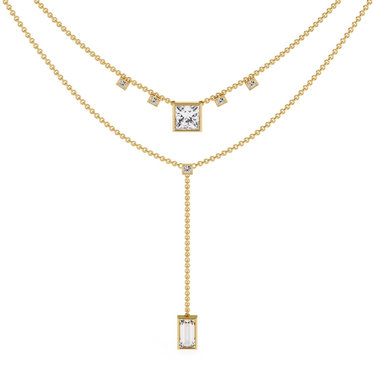 Layered Princess Diamond Y-Necklace with Baguette Drop